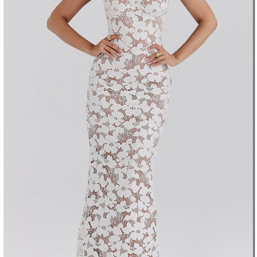 House of CB White Pearl Floral Lace Gown Maxi Dress